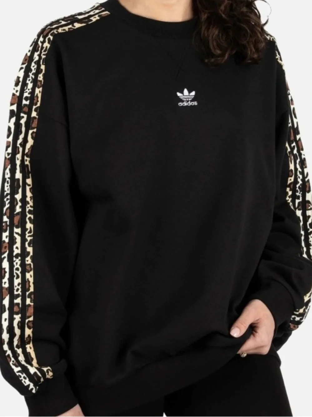 adidas Black Crewneck Sweatshirt with Leopard-Print Shoulder Stripes - Picture 1 of 5